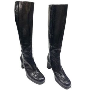 Chanel High Knee Leather Boots CC Logo Heeled Sz 7